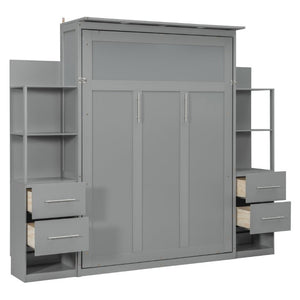 English Elm Full Size Murphy Wall Bed with LED Lighting Built-In Shelves and Drawers for Studio Rooms Gray LP000565AAE-2