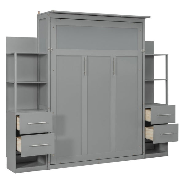 English Elm Full Size Murphy Wall Bed with LED Lighting Built-In Shelves and Drawers for Studio Rooms Gray LP000565AAE-2