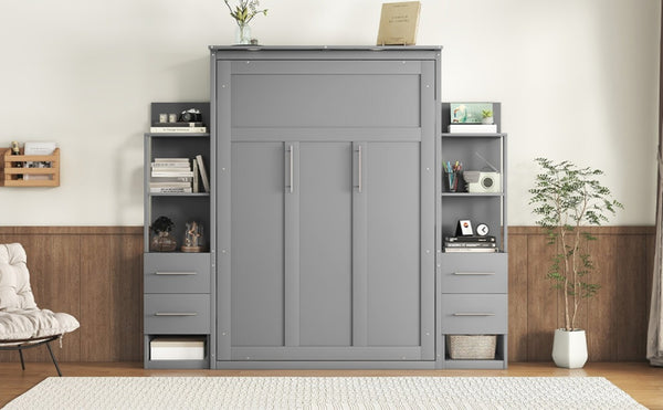 English Elm Full Size Murphy Wall Bed with LED Lighting Built-In Shelves and Drawers for Studio Rooms Gray LP000565AAE-2