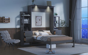 English Elm Full Size Murphy Wall Bed with LED Lighting Built-In Shelves and Drawers for Studio Rooms Gray LP000565AAE-2