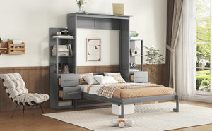 English Elm Full Size Murphy Wall Bed with LED Lighting Built-In Shelves and Drawers for Studio Rooms Gray LP000565AAE-2
