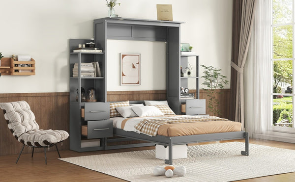 English Elm Full Size Murphy Wall Bed with LED Lighting Built-In Shelves and Drawers for Studio Rooms Gray LP000565AAE-2