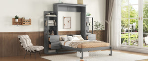 English Elm Full Size Murphy Wall Bed with LED Lighting Built-In Shelves and Drawers for Studio Rooms Gray LP000565AAE-2