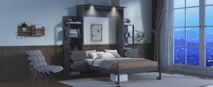 English Elm Full Size Murphy Wall Bed with LED Lighting Built-In Shelves and Drawers for Studio Rooms Gray LP000565AAE-2