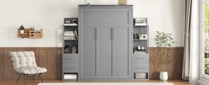 English Elm Full Size Murphy Wall Bed with LED Lighting Built-In Shelves and Drawers for Studio Rooms Gray LP000565AAE-2