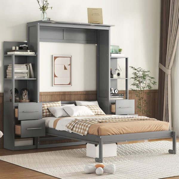 English Elm Full Size Murphy Wall Bed with LED Lighting Built-In Shelves and Drawers for Studio Rooms Gray LP000565AAE-2