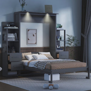 English Elm Full Size Murphy Wall Bed with LED Lighting Built-In Shelves and Drawers for Studio Rooms Gray LP000565AAE-2