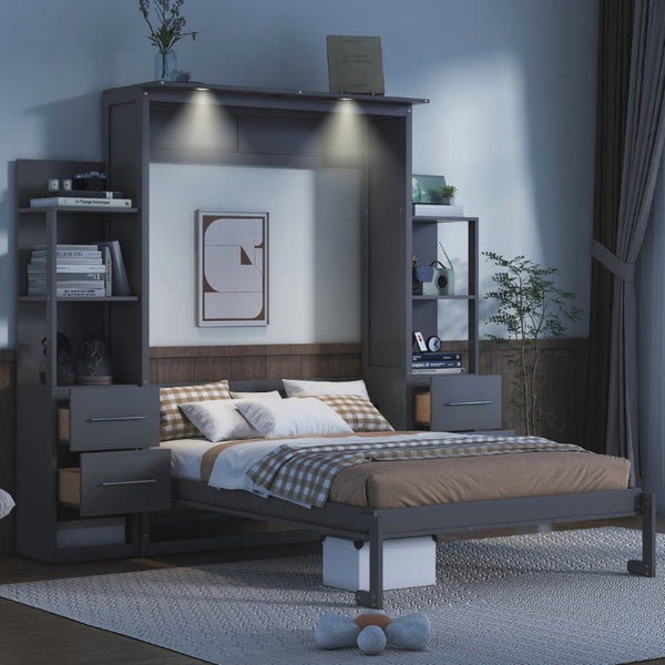 English Elm Full Size Murphy Wall Bed with LED Lighting Built-In Shelves and Drawers for Studio Rooms Gray LP000565AAE-2