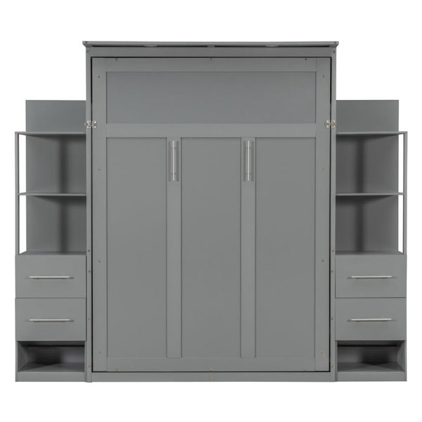 English Elm Full Size Murphy Wall Bed with LED Lighting Built-In Shelves and Drawers for Studio Rooms Gray LP000565AAE-2
