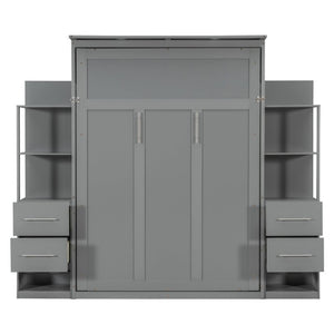 English Elm Full Size Murphy Wall Bed with LED Lighting Built-In Shelves and Drawers for Studio Rooms Gray LP000565AAE-2