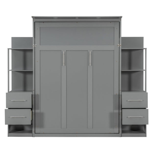 English Elm Full Size Murphy Wall Bed with LED Lighting Built-In Shelves and Drawers for Studio Rooms Gray LP000565AAE-2
