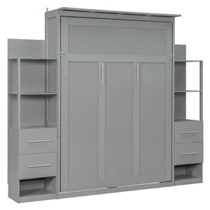 English Elm Full Size Murphy Wall Bed with LED Lighting Built-In Shelves and Drawers for Studio Rooms Gray LP000565AAE-2