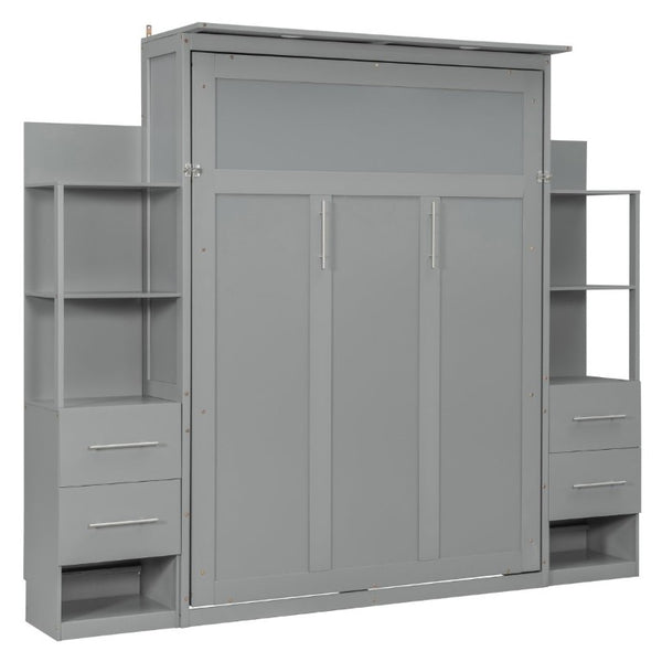 English Elm Full Size Murphy Wall Bed with LED Lighting Built-In Shelves and Drawers for Studio Rooms Gray LP000565AAE-2