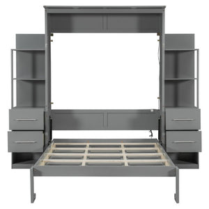 English Elm Full Size Murphy Wall Bed with LED Lighting Built-In Shelves and Drawers for Studio Rooms Gray LP000565AAE-2