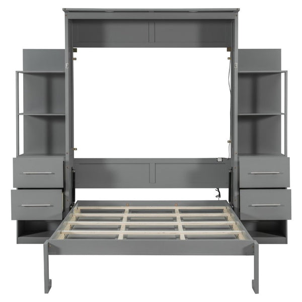 English Elm Full Size Murphy Wall Bed with LED Lighting Built-In Shelves and Drawers for Studio Rooms Gray LP000565AAE-2
