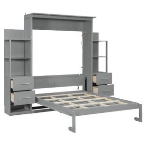 English Elm Full Size Murphy Wall Bed with LED Lighting Built-In Shelves and Drawers for Studio Rooms Gray LP000565AAE-2