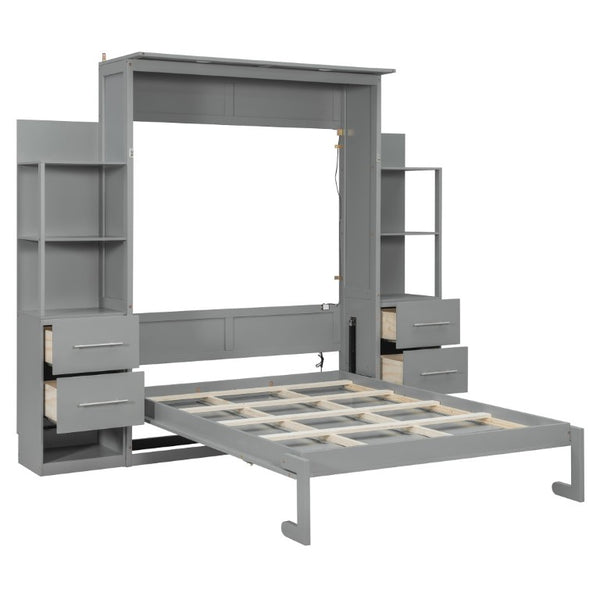 English Elm Full Size Murphy Wall Bed with LED Lighting Built-In Shelves and Drawers for Studio Rooms Gray LP000565AAE-2
