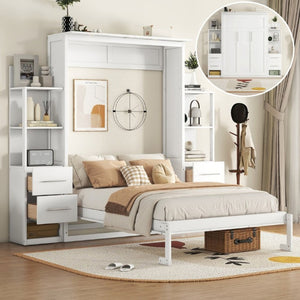 English Elm Full Size Murphy Wall Bed with LED Lighting Built-In Shelves and Drawers for Studio Rooms White LP000565AAK-2