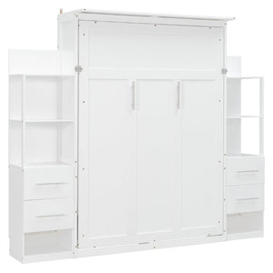 English Elm Full Size Murphy Wall Bed with LED Lighting Built-In Shelves and Drawers for Studio Rooms White LP000565AAK-2