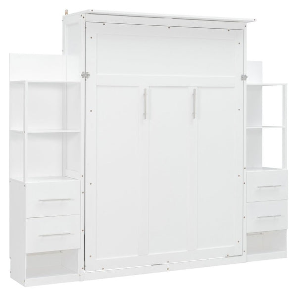 English Elm Full Size Murphy Wall Bed with LED Lighting Built-In Shelves and Drawers for Studio Rooms White LP000565AAK-2