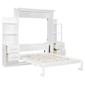 English Elm Full Size Murphy Wall Bed with LED Lighting Built-In Shelves and Drawers for Studio Rooms White LP000565AAK-2