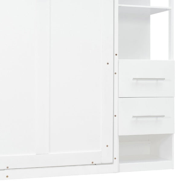 English Elm Full Size Murphy Wall Bed with LED Lighting Built-In Shelves and Drawers for Studio Rooms White LP000565AAK-2