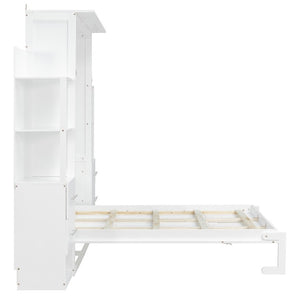 English Elm Full Size Murphy Wall Bed with LED Lighting Built-In Shelves and Drawers for Studio Rooms White LP000565AAK-2