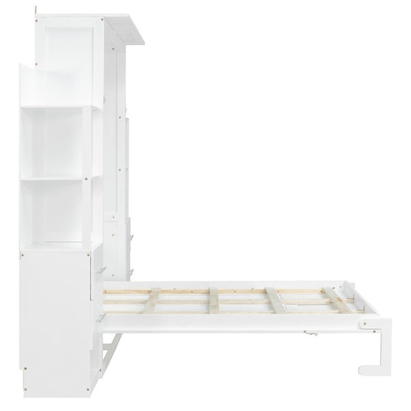 English Elm Full Size Murphy Wall Bed with LED Lighting Built-In Shelves and Drawers for Studio Rooms White LP000565AAK-2