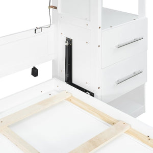 English Elm Full Size Murphy Wall Bed with LED Lighting Built-In Shelves and Drawers for Studio Rooms White LP000565AAK-2