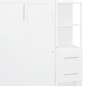 English Elm Full Size Murphy Wall Bed with LED Lighting Built-In Shelves and Drawers for Studio Rooms White LP000565AAK-2