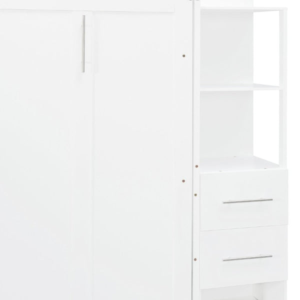 English Elm Full Size Murphy Wall Bed with LED Lighting Built-In Shelves and Drawers for Studio Rooms White LP000565AAK-2