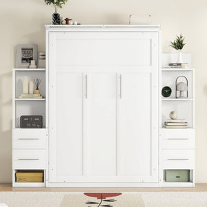 English Elm Full Size Murphy Wall Bed with LED Lighting Built-In Shelves and Drawers for Studio Rooms White LP000565AAK-2