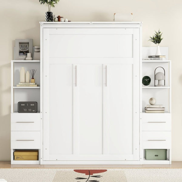 English Elm Full Size Murphy Wall Bed with LED Lighting Built-In Shelves and Drawers for Studio Rooms White LP000565AAK-2