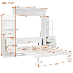 English Elm Full Size Murphy Wall Bed with LED Lighting Built-In Shelves and Drawers for Studio Rooms White LP000565AAK-2