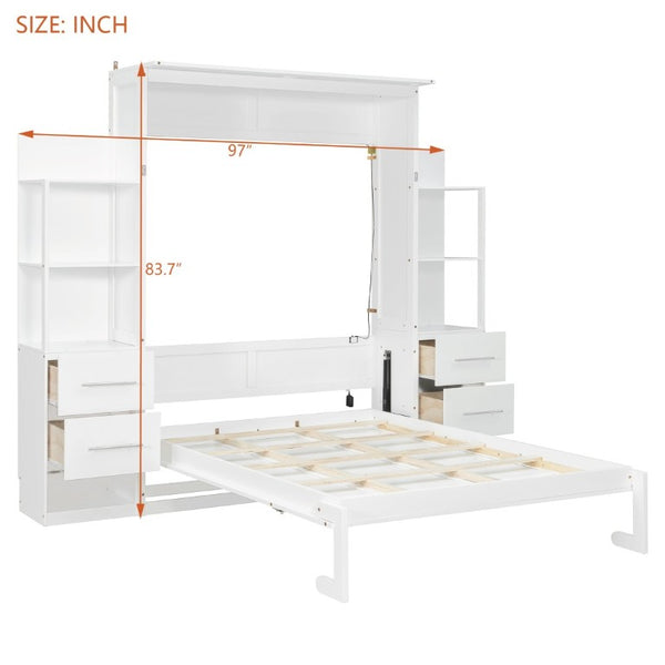 English Elm Full Size Murphy Wall Bed with LED Lighting Built-In Shelves and Drawers for Studio Rooms White LP000565AAK-2