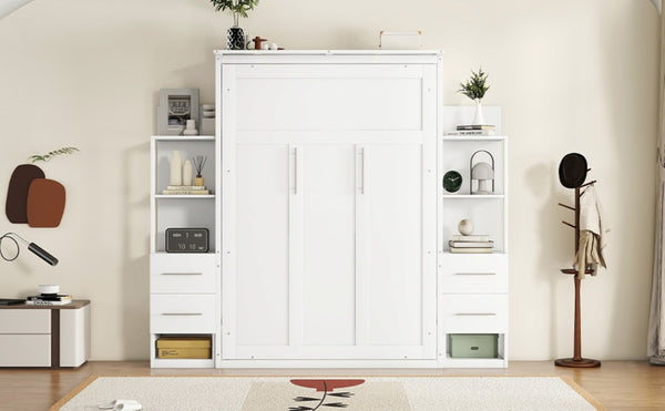 English Elm Full Size Murphy Wall Bed with LED Lighting Built-In Shelves and Drawers for Studio Rooms White LP000565AAK-2