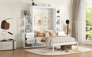 English Elm Full Size Murphy Wall Bed with LED Lighting Built-In Shelves and Drawers for Studio Rooms White LP000565AAK-2