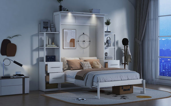 English Elm Full Size Murphy Wall Bed with LED Lighting Built-In Shelves and Drawers for Studio Rooms White LP000565AAK-2
