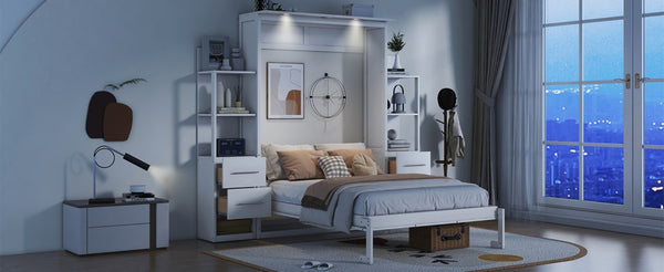English Elm Full Size Murphy Wall Bed with LED Lighting Built-In Shelves and Drawers for Studio Rooms White LP000565AAK-2