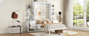 English Elm Full Size Murphy Wall Bed with LED Lighting Built-In Shelves and Drawers for Studio Rooms White LP000565AAK-2