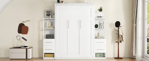 English Elm Full Size Murphy Wall Bed with LED Lighting Built-In Shelves and Drawers for Studio Rooms White LP000565AAK-2
