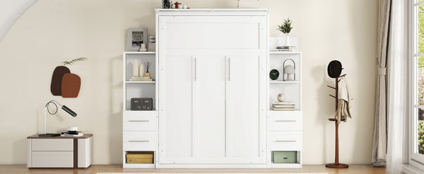 English Elm Full Size Murphy Wall Bed with LED Lighting Built-In Shelves and Drawers for Studio Rooms White LP000565AAK-2