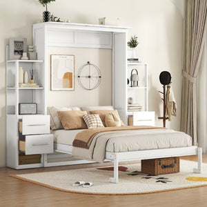 English Elm Full Size Murphy Wall Bed with LED Lighting Built-In Shelves and Drawers for Studio Rooms White LP000565AAK-2