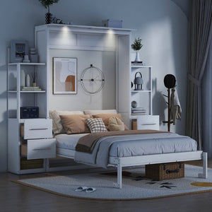 English Elm Full Size Murphy Wall Bed with LED Lighting Built-In Shelves and Drawers for Studio Rooms White LP000565AAK-2