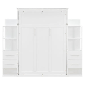 English Elm Full Size Murphy Wall Bed with LED Lighting Built-In Shelves and Drawers for Studio Rooms White LP000565AAK-2