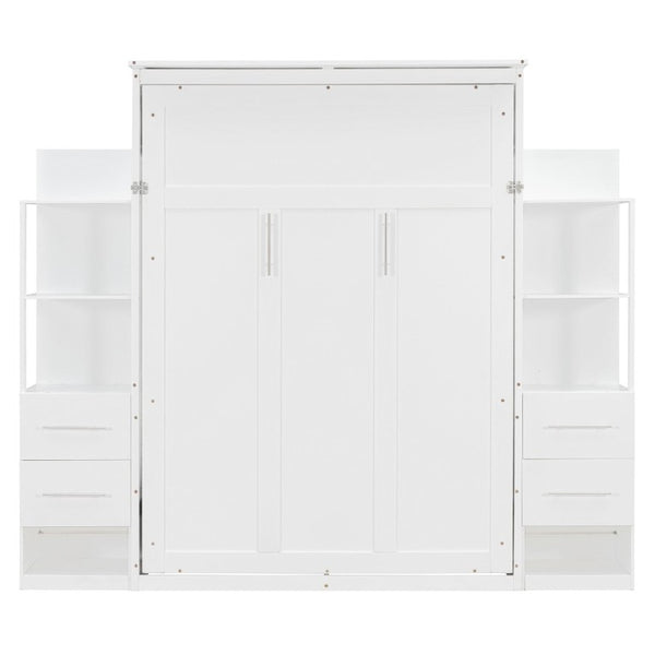 English Elm Full Size Murphy Wall Bed with LED Lighting Built-In Shelves and Drawers for Studio Rooms White LP000565AAK-2