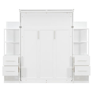 English Elm Full Size Murphy Wall Bed with LED Lighting Built-In Shelves and Drawers for Studio Rooms White LP000565AAK-2