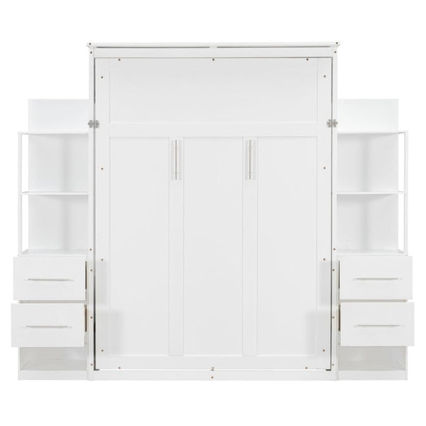 English Elm Full Size Murphy Wall Bed with LED Lighting Built-In Shelves and Drawers for Studio Rooms White LP000565AAK-2