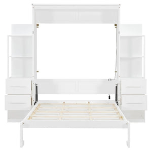 English Elm Full Size Murphy Wall Bed with LED Lighting Built-In Shelves and Drawers for Studio Rooms White LP000565AAK-2