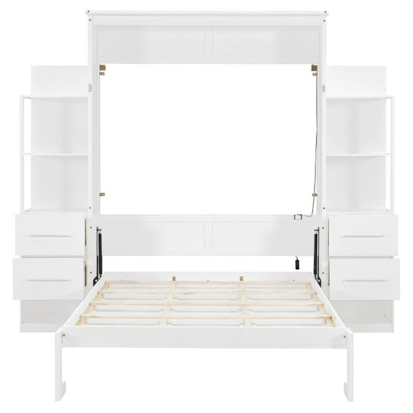English Elm Full Size Murphy Wall Bed with LED Lighting Built-In Shelves and Drawers for Studio Rooms White LP000565AAK-2